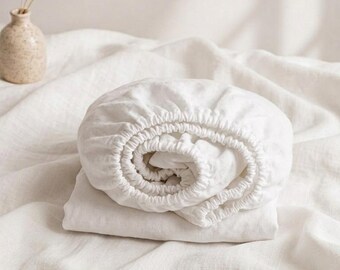 Sábana bajera ajustable de lino natural blanco, ropa de cama de lino suave lavado, sábana de bolsillo profundo, sábana de lino para cama queen/king, lino europeo natural.