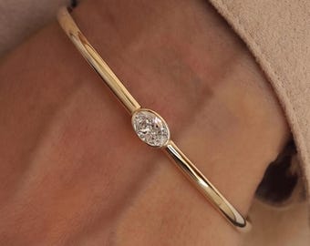 Oval Lab Grown Diamond Bangle Bracelet, Minimalist Bezel Cuff, Elegant Gold Jewelry
