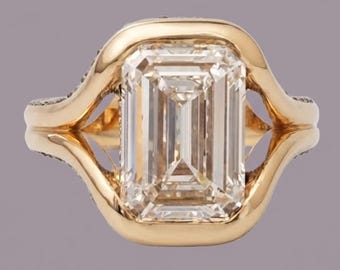 Emerald Cut Diamond Bypass Ring, Yellow Gold Hidden Pave Statement Ring