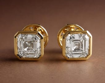 Asscher Cut Lab Grown Diamond Stud Earrings, 14K Yellow Gold Bezel Setting