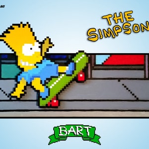 May include: Pixelated image of Bart Simpson skateboarding. Bart, with yellow hair and a blue shirt, is mid-air on a green skateboard with red wheels. The Simpsons logo is in yellow above. The word "BART" is in a green banner below.