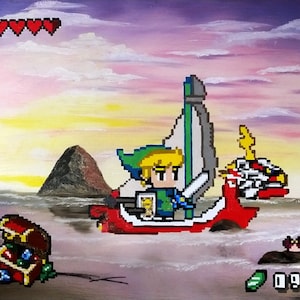 以下が含まれることがあります： ピクセル化されたビデオゲームのキャラクター、リンクが、白い帆をつけた赤いボートで航海しています。ボートは、背景に岩の島がある青い海にあります。空はピンク、オレンジ、黄色のグラデーションになっています。画像はピクセル化されたスタイルで描かれています。