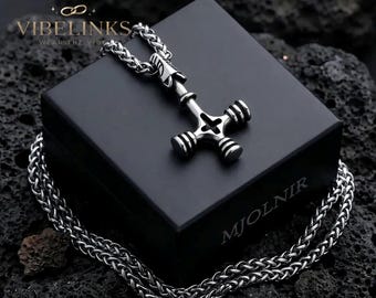 Colar Viking com Cruz de Lobo e Pingente Mjölnir em Aço Inoxidável 316L | Pingente Amuleto Nórdico Martelo de Thor | Joias Viking Nórdicas Masculinas | 60 cm