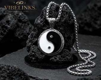 Yin Yang-hangerketting roestvrij staal, tai chi-balansketting mannen vrouwen, Chinees symbool sieraden uniseks, zwart wit email, 60 cm