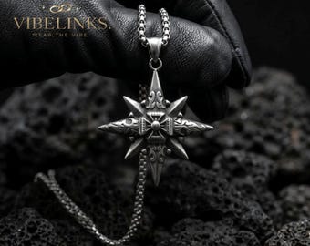 Colar com Bússola Estrela Polar Masculina | Pingente de Estrela de 8 Pontas em Aço Inoxidável | Corrente Punk Vintage | Presente para Ele/Ela | Joias Nórdicas Vikings