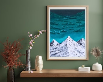 Dipinto originale acrilico raffigurante un cielo notturno di montagna / Paesaggio galattico turchese / Opera d'arte con montagne innevate