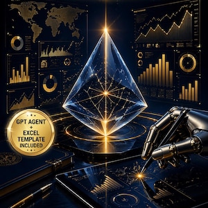 Può includere: Grafica digitale con il testo "DATA NINJA - ELITE BUNDLE". L'immagine presenta una piramide di cristallo brillante, grafici di dati, una mano robotica e un emblema dorato con il testo "GPT AGENT + EXCEL TEMPLATE INCLUDED."