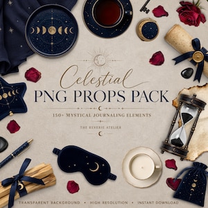Puede incluir: Una vista cenital de accesorios de temática celestial, que incluyen un plato azul oscuro con fases lunares, una taza de té, una caja en forma de estrella, una máscara para dormir y una vela. El texto dice "Celestial PNG Props Pack" y "150+ Mystical Journaling Elements."