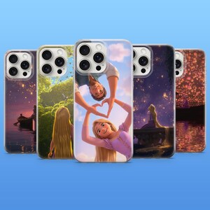 May include: Five clear phone cases featuring scenes from a cartoon movie. The cases display images of a couple, a boat on the water, and a woman with long blonde hair. The cases have a blue background.