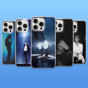 May include: Five phone cases with images of a performer in different poses. The cases show images in colour and black and white, depicting the performer on stage. The cases have a clear border.