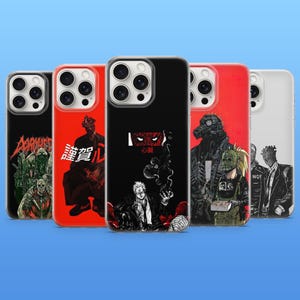 May include: A collection of phone cases with various anime-style illustrations. The cases feature designs in black, red, and white, with detailed artwork of characters and Japanese text. The cases are shown against a blue background.