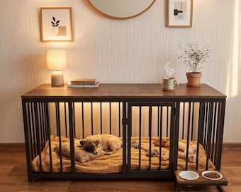 Industrial Dog Crate Furniture - Metal Frame with Solid Wood Top