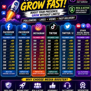 Può includere: Grafica promozionale per servizi di crescita sui social media. Presenta un razzo, loghi di social media e livelli di prezzo per follower, like e visualizzazioni. Il testo promuove la consegna rapida e l'impegno di alta qualità.