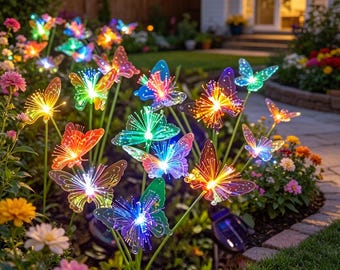ソーラー式蝶と花のガーデンライト - 6個入り 光ファイバーLED 防水屋外装飾 - 庭の小道や花壇用のマルチカラー杭型ライト