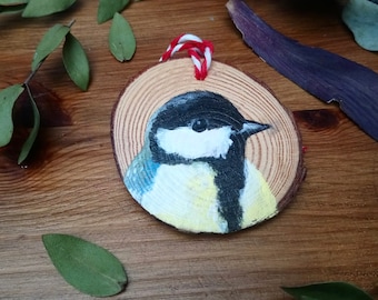 SALE - Hand painted Coal Tit - Wooden Hanging Decoration