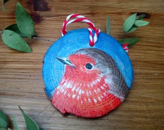 SALE - Hand painted Robin Wooden Hanging Decoration