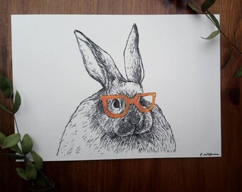 SALE - Rabbit in Nerd Glasses A5 Print - Rabbit Illustration