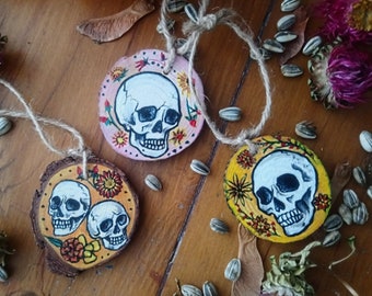 SALE - Skulls & Flowers - Handpainted Wood Slice Decorations