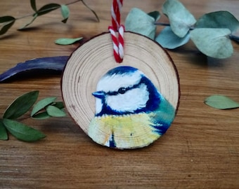 SALE - Hand painted Blue Tit - Wooden Hanging Decoration