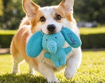 Personalized Embroidered Dog Toy - Custom Squeaky Elephant Plush - Soft Corduroy Teething Toy for Puppies - Unique Pet Dog Birthday Gift