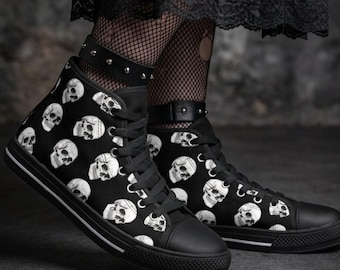 Skull High Top Sneakers | Dark Academia Shoes | Alternative Streetwear | Vintage Goth Sneakers | Grunge Punk Footwear