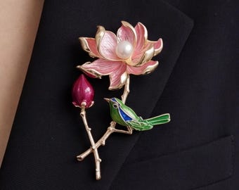 Enamel Lotus Flower Brooch Green Bird Pin Vintage Style Pearl Floral Jewelry Elegant Lapel Accessory Mothers Day Gift for Her