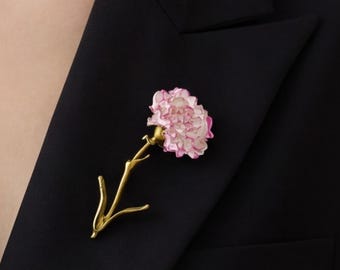 Carnation Brooch Enamel Flower Pin Pink Floral Lapel Pin Mothers Day Gift for Mom Gold Tone Botanical Jewelry for Coat Blazer