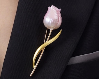 Pink Tulip Brooch Enamel Flower Lapel Pin Elegant Floral Jewelry Minimalist Spring Accessory Mothers Day Gift for Mom