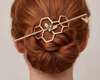 Honeycomb Hair Pin Bee Hair Stick Metal Bun Holder for Women Gold Silver Hair Fork Nature Jewelry Gift for Her Graduation Gift