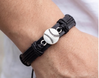 Mens Leather Sports Bracelet Basketball Baseball Soccer Charm Braided Wristband Graduation Gift for Him Team Player Jewelry