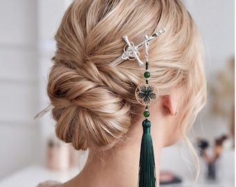 Sword Hair Stick with Tassel Metal Hair Fork for Buns Fantasy Book Lover Gift Asian Inspired Bun Pin