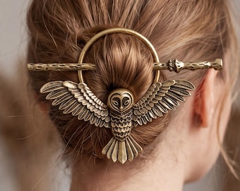Celtic Owl Hair Pin Viking Hair Fork Norse Metal Hair Slide Barrette Woodland Jewelry Gift for Her Long Hair Bun Holder Accessory