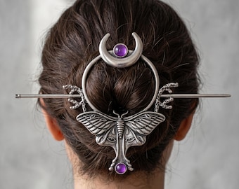 Moth Hair Pin Moon Hair Cage Viking Hair Stick Gothic Jewelry Celtic Hair Slide Gift for Her Witchy Accessory
