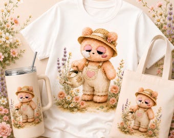 NEMUI Sleepy PNG, Floral Teddy Bear Clipart, Transparent PNG, Sublimation Design, Digital Download