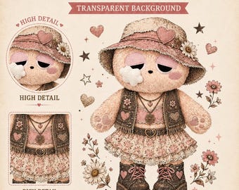 Vintage Teddy Bear Clipart, Boho Sublimation Artwork, Transparent PNG, Tumbler and Shirt Print File
