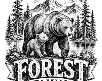 Vintage Forest Family Bear Clipart, Wildlife Camping Design (Digital Download)