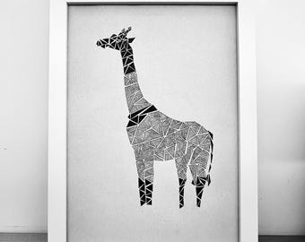 Cuadro mural poligonal de jirafa en blanco y negro
