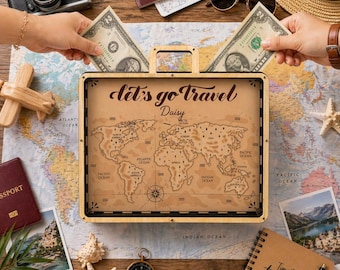 Personalized Travel Piggy Bank, Wooden World Map Money Box, Custom Kids Savings Box, Montessori Coin Bank for Children