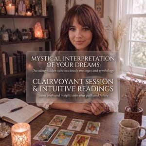 May include: A person sits at a wooden table with tarot cards, a candle, and an open book. Text reads: MYSTICAL INTERPRETATION OF YOUR DREAMS, Decoding hidden subconsciously messages and symbology, CLAIRVOYANT SESSION & INTUITIVE READINGS, Gains profound insights into your path and future.