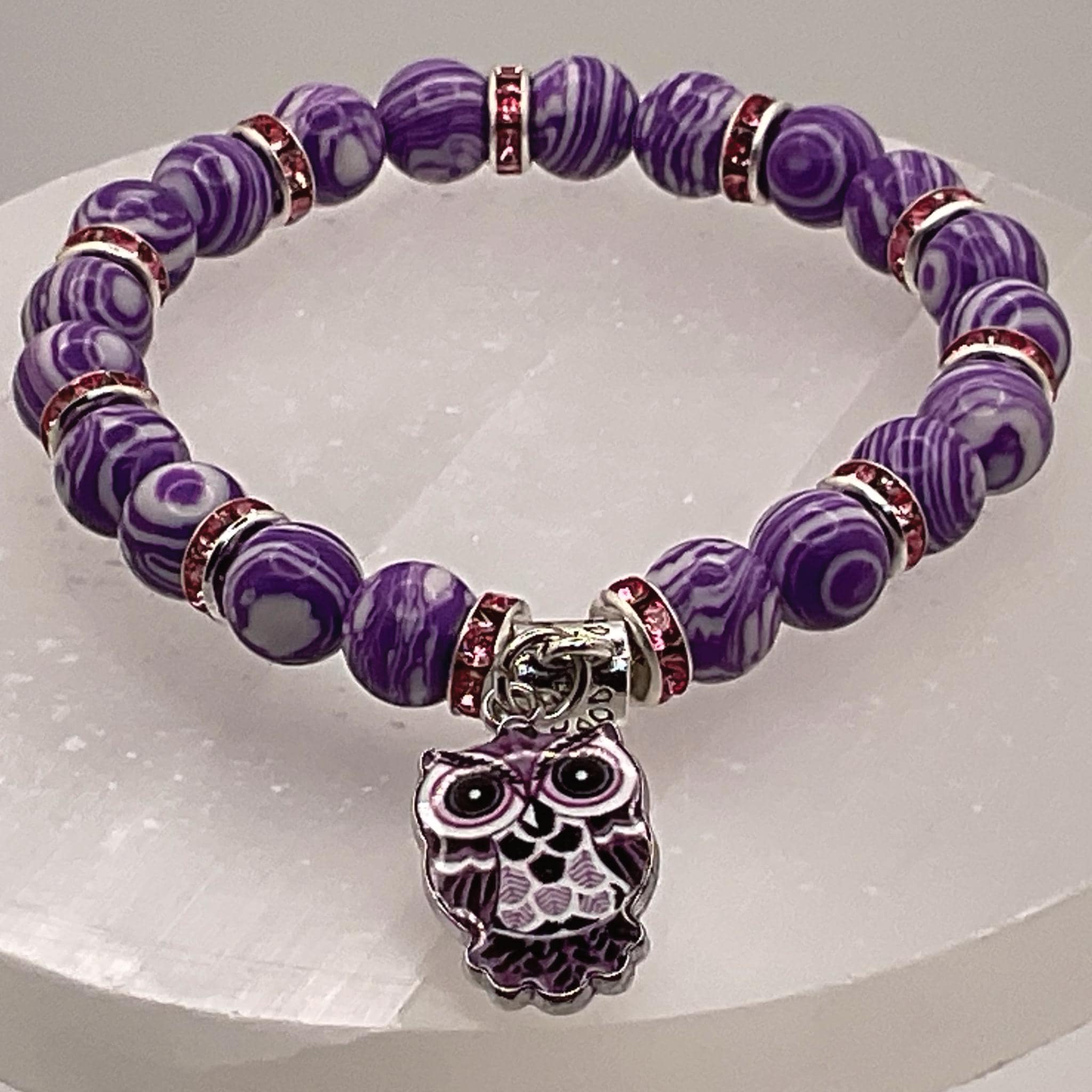 Purple Sea Glass Owl Bracelet | Intuition & Wisdom | Pink Crystal Silver Spacers Charm Jewelry