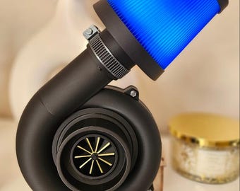 Lámpara con forma de turbocompresor para cueva de hombre, decoración para entusiastas de los coches, acento de luz azul.