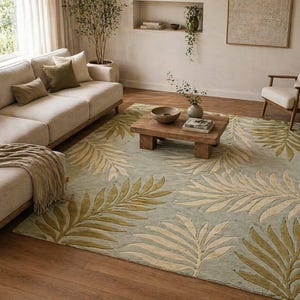 Leaf Pattern Hand Tufted Wool Rug, Nature Inspired Area Rug, Botanical Modern Carpet, Minimalist Bedroom Living Room Rug