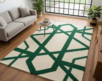 Moderner Geometrischer Wollteppich, Handgetufteter Grüner und Creme Teppich, Minimalistischer Abstrakter Wohnzimmerteppich