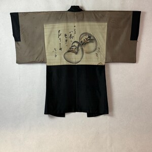 Vintage Japanese Silk Men Haori Black Zen Daruma Okiagari Tumbler Sumi Ink Art Calligraphy Boho Duster Cardigan 0087/ kimono Haori Kimono