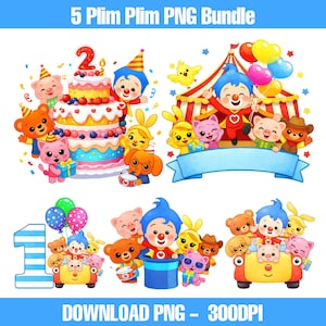 Plim Plim PNG-Bundle, niedliches Geburtstag-Clipart-Set, Plim Plim Party-Charaktere PNG, Geburtstagskuchen-Ballondesign, Sofort-Download