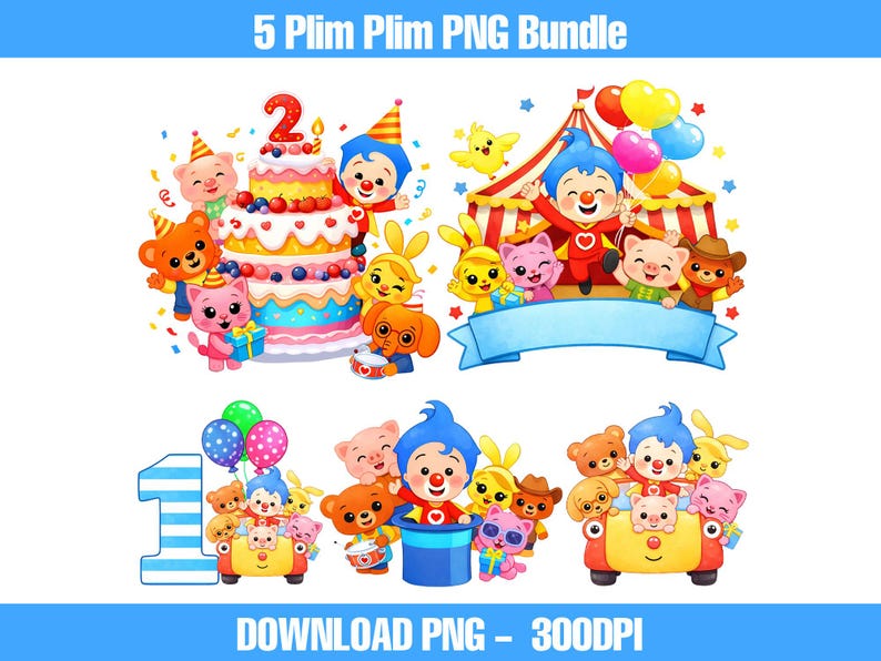 Plim Plim PNG Bundle, Cute Birthday Clipart Set, Plim Plim Party Characters PNG, Birthday Cake Balloon Design, Instant Download image 1