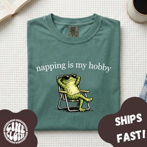 Puede incluir: Una camiseta de cuello redondo color verde salvia con un gráfico de una rana verde con gafas de sol negras relajándose en una silla de playa plegable. El texto blanco sobre la rana dice, napping is my hobby. Tiene una etiqueta Comfort Colors.