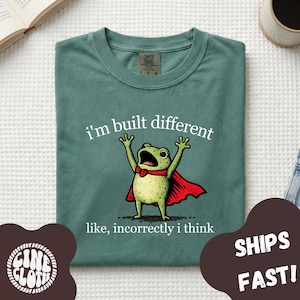 Pode incluir: Uma t-shirt verde sálvia com o gráfico de um sapo verde a usar uma capa vermelha com os braços levantados. O texto acima do sapo diz "i'm built different" e o texto abaixo diz "like, incorrectly i think" em letras brancas.