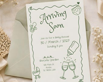Puede incluir: Una tarjeta de invitación rectangular blanca para baby shower con ilustraciones de líneas verde oscuro de un chupete, pañal, biberón, cochecito y dos copas brindando. El texto dice Arriving Soon, Join Us For a Baby Shower, 30 / March / 2027, Sunday, 5 pm, Borcelle Garden, 123 Main St. Austin, TX 78701, USA.