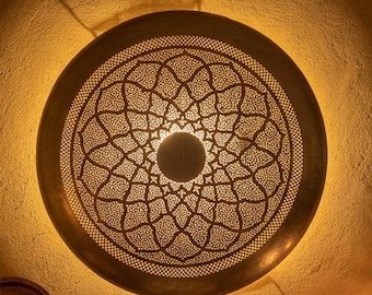 Handmade Moroccan Brass Wall Sconce Filigree Round Light | Boho Arabesque Metal Wall Lamp | Geometric Shadow Pattern Artisan Home Decor